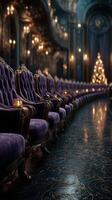 Elegant velvet chairs line the dimly lit hall adorned with warm golden lights and a festive tree in the background photo