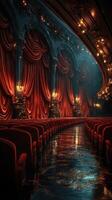 Beautiful theater interior with red drapes and elegant lighting, showcasing a stunning architectural design photo