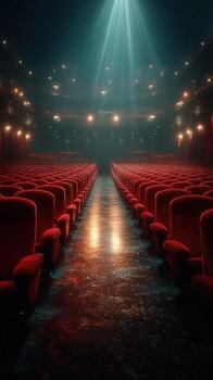 Red velvet seats create a dramatic perspective in an empty theater with focused lighting photo