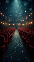Empty theater with red seats awaiting performance under soft lighting and falling leaves photo