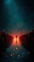 Mysterious figure stands alone in a dark theater illuminated by a glowing ambiance at night photo