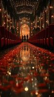 Elegant venue adorned with rose petals and warm lights during a celebration at night photo