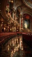 Elegant interior of an ornate theater adorned with festive decorations in the heart of a bustling city photo