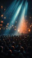 Crowd enjoys festive performance in a grand theater adorned with holiday lights photo