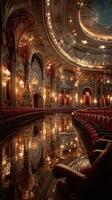 Elegant theater interior decorated for the holidays with festive lights and reflections on polished floors during winter evening photo
