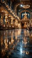 Grand hall adorned with festive lights and Christmas trees during the holiday season in a luxurious venue photo