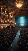 Audience enjoying a stunning performance in an ornate theater with elegant decorations and a captivating stage at night photo
