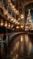 Elegant theater interior adorned with festive decorations and a Christmas tree in a beautiful winter setting during evening hours photo