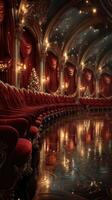 Elegant interior of a lavish theater adorned with festive decorations and rich red upholstery during evening illumination photo