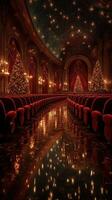 Elegant theater interior decorated for the holidays with Christmas trees and sparkling lights photo