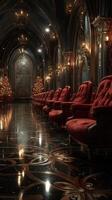 Elegant red armchairs align in a lavish hall adorned with Christmas decorations during the holiday season photo