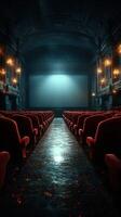 Elegant vintage theater interior with red seats and a blank screen ready for a film showing at night photo