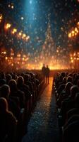 Audience enjoys a performance in a vibrant theater illuminated by warm lights during an enchanting evening event photo