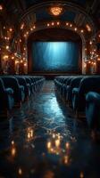 Elegant vintage theater interior with empty blue seats and a captivating illuminated stage awaiting a performance photo
