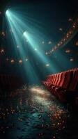 Mysterious theater interior with shafts of light and empty red seats creating a dramatic atmosphere photo