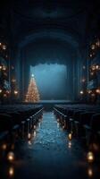 Enchanted theater interior with a Christmas tree and warm light creating a festive atmosphere photo