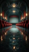 Elegant theater interior with red seating and polished floor reflecting chandelier lights in a quiet setting photo