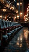 Elegant velvet chairs line the theater aisle in a dimly lit venue adorned for the holidays photo