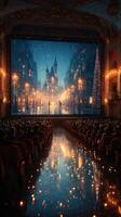 Spectacular winter night at a grand theater showcasing a magical snowy cityscape illuminated by festive lights photo