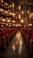 Elegant theater interior decorated for the holidays with Christmas tree and ornate seating arrangement photo