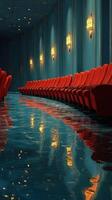 Elegant red chairs in a dimly lit hallway with a reflective floor in a modern venue photo