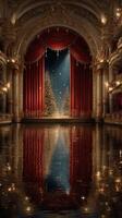 Majestic theater stage with festive decorations and shimmering reflections during Christmas season photo