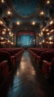 Luxurious theater interior with red velvet seats and ornate decorations showcasing a stunning stage at night photo
