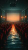 Empty cinema with rows of red seats reflecting light on water surface at sunset photo