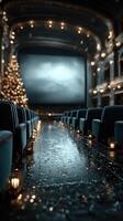 Beautifully decorated theater with a Christmas tree and glowing lanterns during a festive film event photo