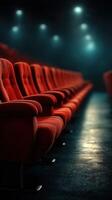 Empty red theater seats create a cozy atmosphere in a dimly lit cinema during an evening showing photo