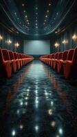 Empty red theater chairs in a dimly lit cinema with a large screen at the front and reflective floor creating a moody atmosphere photo