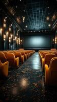 Empty cinema hall with orange seats and scattered leaves in a modern movie theater setting photo