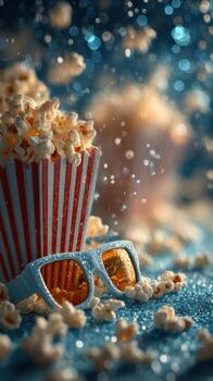 palomitas de maiz y 3d lentes crear un vibrante atmósfera en un cinematográfico experiencia lleno con salpicaduras de emoción foto