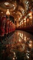 Interior of an elegant theater showcasing ornate chairs and a shimmering floor on a vibrant evening photo