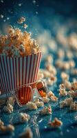 Relaxing with popcorn and stylish glasses during a cinematic experience at home on a cozy evening photo