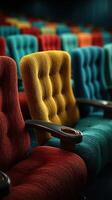 Colorful theater seating arranged in neat rows for an upcoming film screening in a modern cinema photo