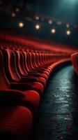 Rows of red seats illuminated in a dimly lit theater with scattered rose petals on the floor photo
