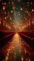 Elegant theater interior lined with red chairs and illuminated by sparkling lights during an evening performance photo