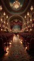 Elegant theater interior adorned for the holidays with glowing candles and festive decorations photo
