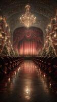 Elegant theater decorated for a festive celebration with Christmas trees and cozy lighting photo