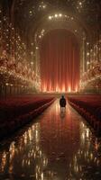 Dramatic theater interior with empty seats and glowing stage curtains in a grand setting at night photo