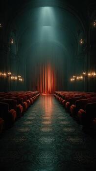 Empty theater with red velvet seats and golden chandelier lighting, creating a dramatic ambiance for a performance photo