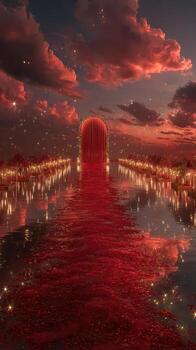 Stunning sunset over a luxurious red pathway leading to a grand entrance, surrounded by shimmering water and illuminated trees photo
