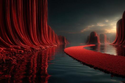 surrealista paisaje con rojo acantilados y sereno camino acuático a crepúsculo foto