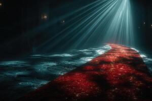 Soft light breaks through darkness illuminating a red carpet pathway in an ancient, mysterious setting photo