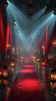 Elegant red carpet reception with dramatic lighting in a glamorous venue setting photo