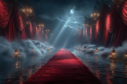 Dramatic pathway illuminated by lanterns under a moonlit sky with red curtains photo