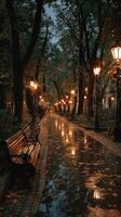 Quiet evening stroll along a rain-soaked pathway illuminated by vintage street lamps photo
