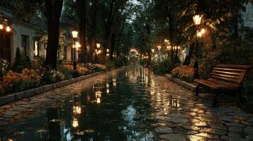 Stunning evening stroll on a tree-lined pathway adorned with glowing lamps and wet cobblestones after rainfall photo