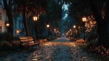 Beautiful nighttime stroll along a tree-lined path illuminated by vintage street lamps in a tranquil park setting photo